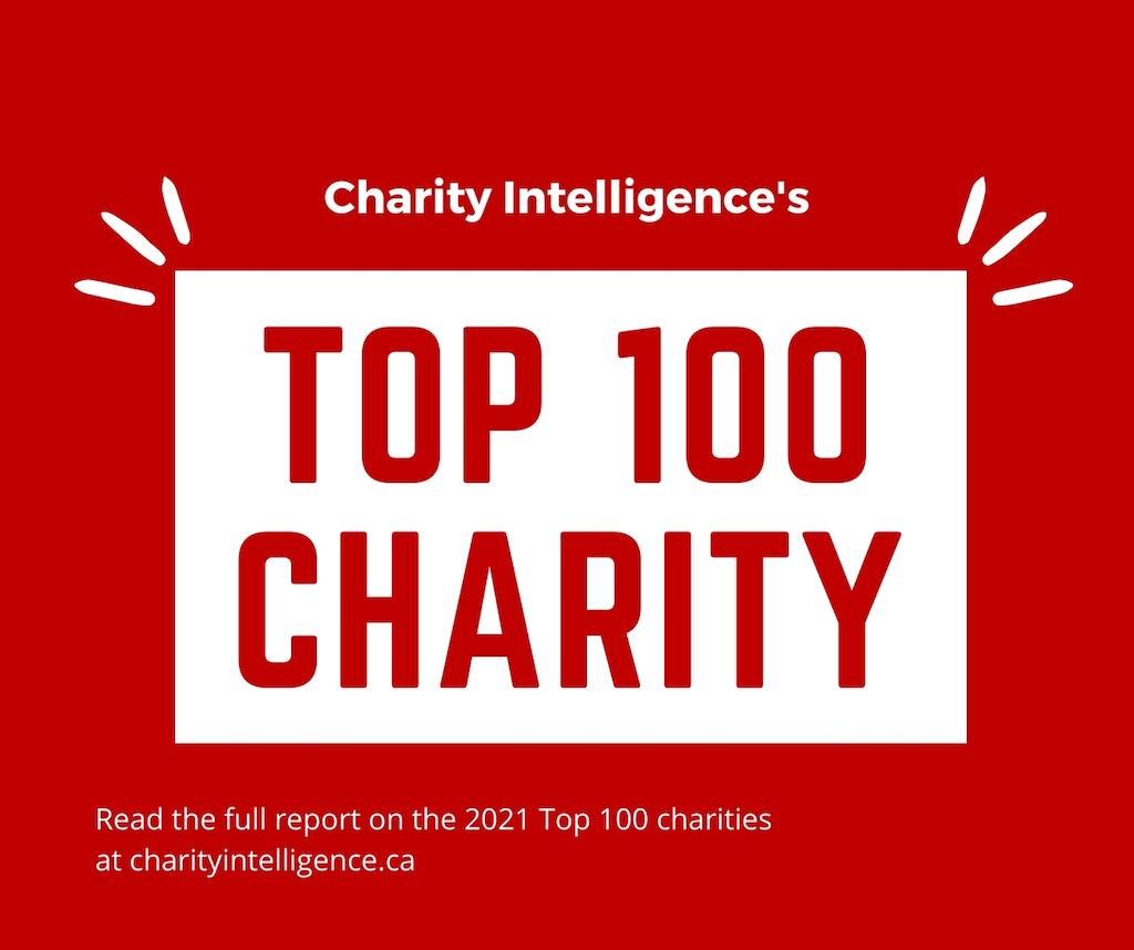 A red graphic that reads: "Charity Intelligence's Top 100 Charity".